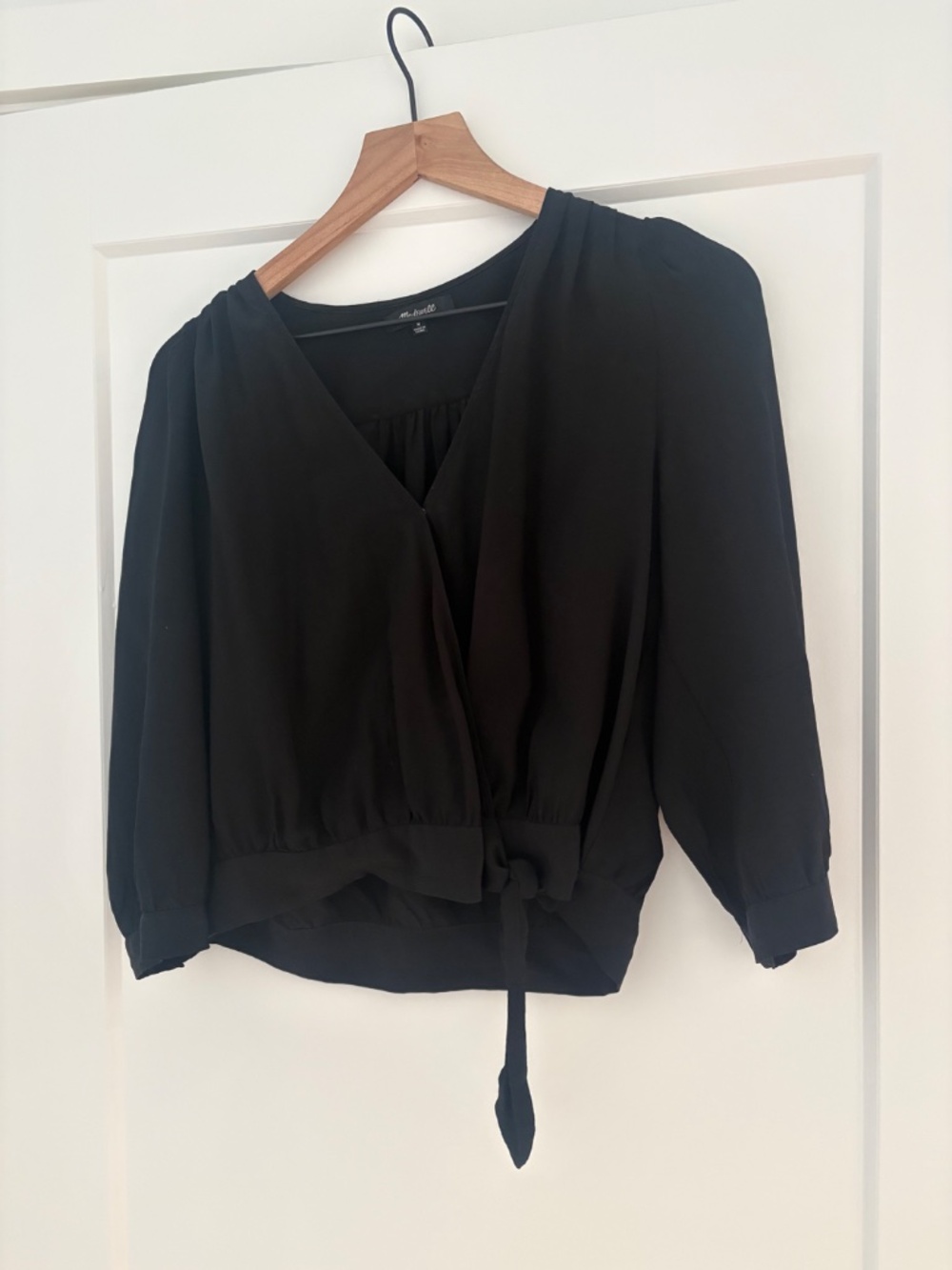 Madewell 100% Silk Black Wrap Top, Side Tie Waist, Button Cuffs, Size M